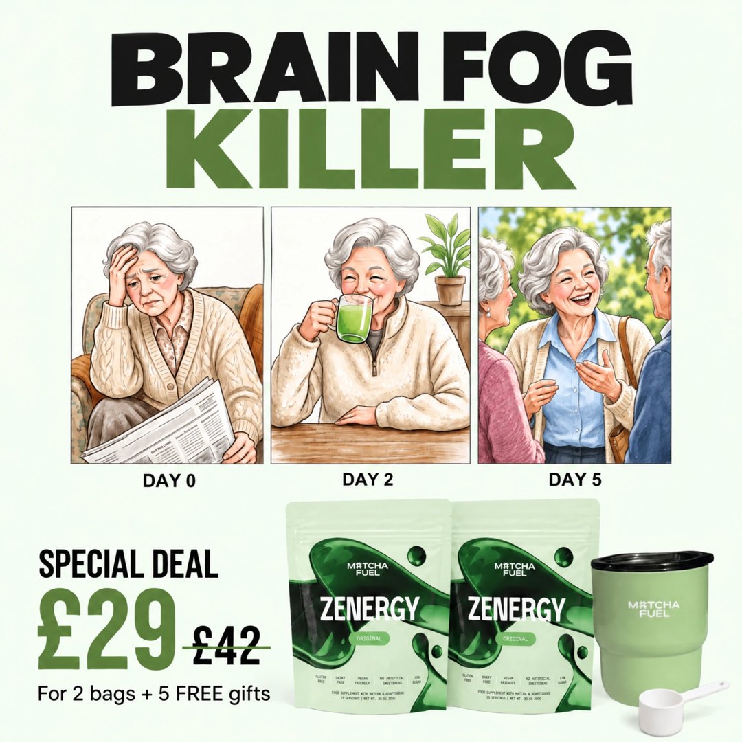 Matcha static: Brain Fog Killer, three illustrated panels from day 0 to day 5