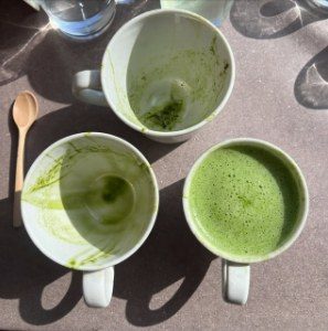Matcha ad creative: bowls of matcha on a stone table