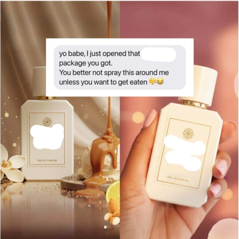 Perfume static with a text message overlay