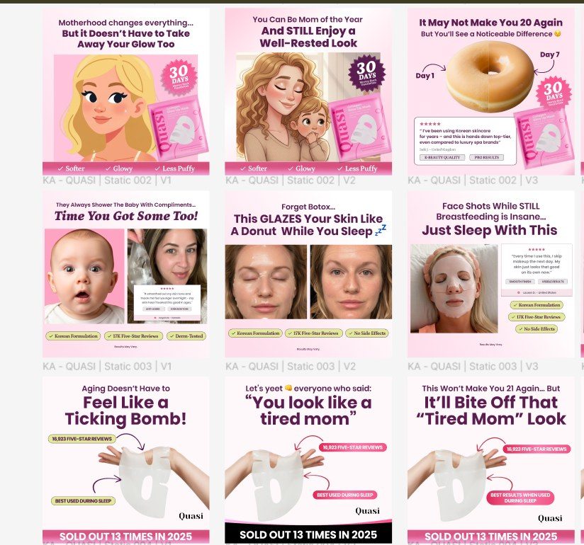 Grid of skincare statics for a DTC skincare brand